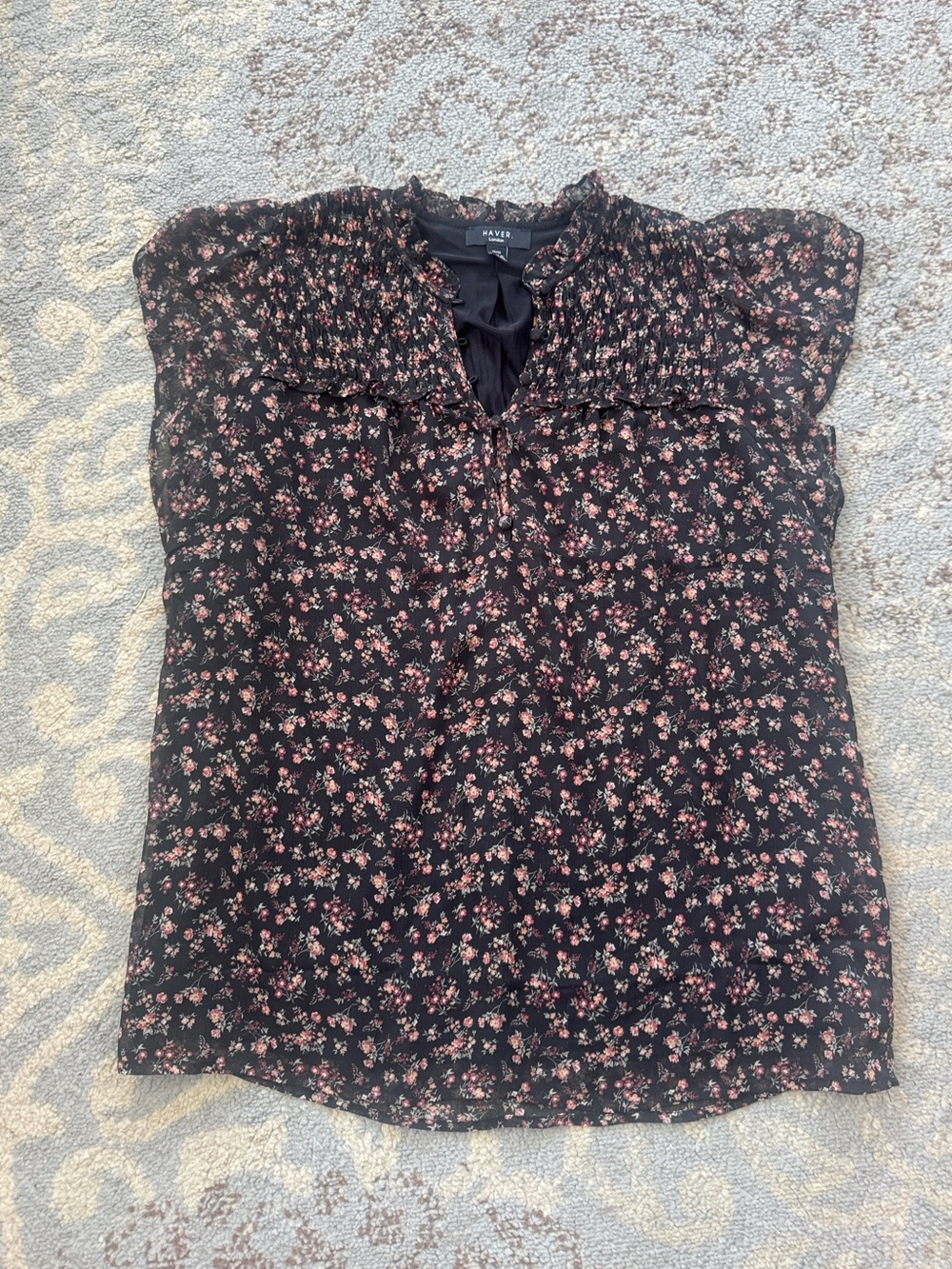 HAVER London Floral Ruffle Blouse Romantic Cottagecore Sheer Top Black Medium